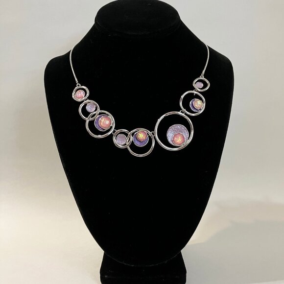 Equilibrium Necklace Purple Pink Crystal Stone Silver Metal Circles Snake Chain - Picture 2 of 12